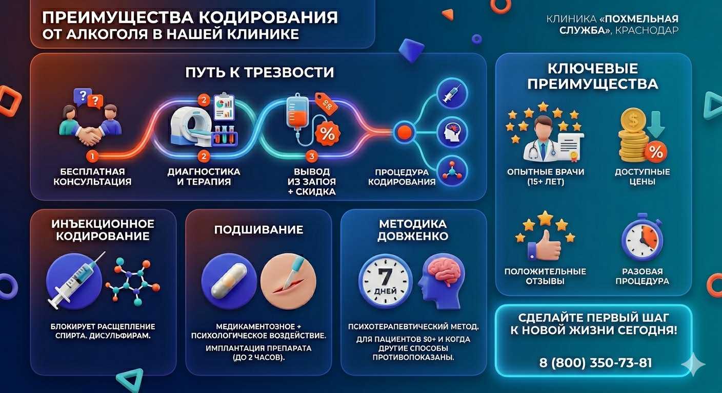 Инфографика о методах кодирования от алкоголя в Нижнем Цасучее: инъекции, подшивание, метод Довженко. Преимущества клиники и этапы лечения.